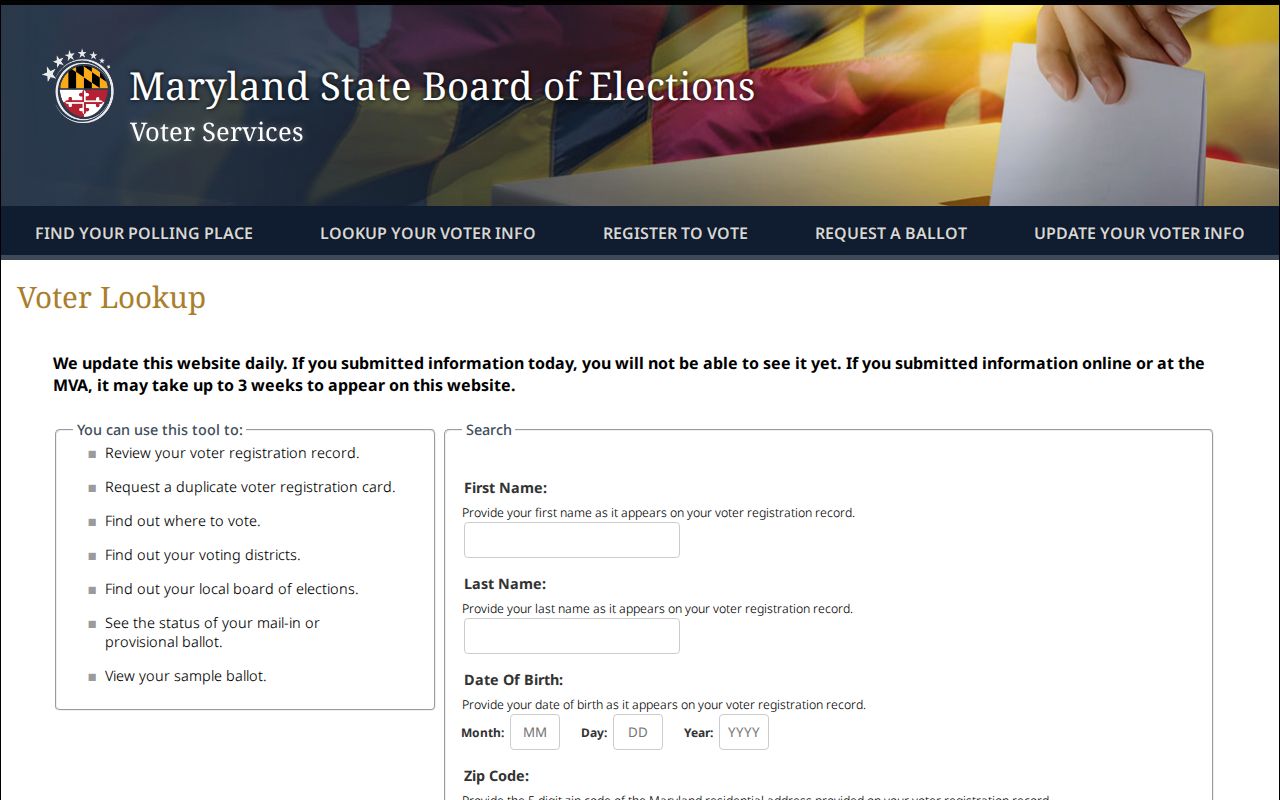 South Laurel voter registration lookup fields on Maryland's official service